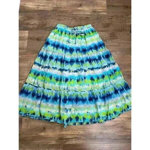 Jane Ashley Tiered Maxi Pull On Skirt Multi-Color Blue Green Women's PM Boho